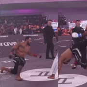 Rafael Alves's stunning head kick. Photo credit: YouTube Screenshot/@KarateCombat