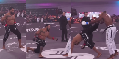 Rafael Alves's stunning head kick. Photo credit: YouTube Screenshot/@KarateCombat
