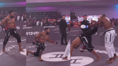 Rafael Alves's stunning head kick. Photo credit: YouTube Screenshot/@KarateCombat