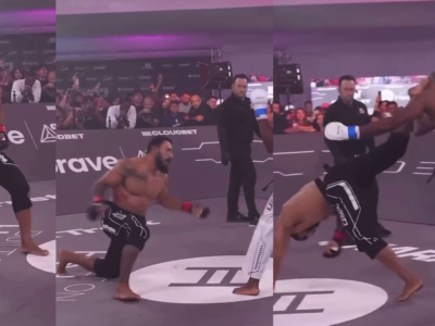 Rafael Alves's stunning head kick. Photo credit: YouTube Screenshot/@KarateCombat