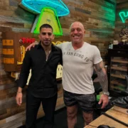 Ilia Topuria with Joe Rogan during the recording of The Joe Rogan Experience Podcast. Photo credit: Instagram/iliatopuria