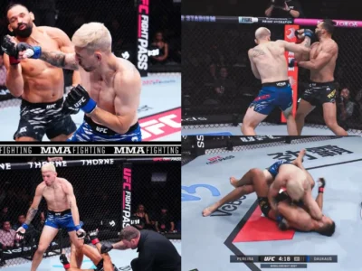 A photo collage of Kyle Daukaus vs Michel Pereira's fight. PHOTO/X/@MMAFighting