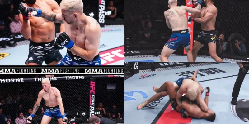 A photo collage of Kyle Daukaus vs Michel Pereira's fight. PHOTO/X/@MMAFighting