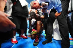 Terence Crawford reacts after his win over Canelo Alvarez. Photograph: Chris Unger/TKO Worldwide LLC/Getty Images
