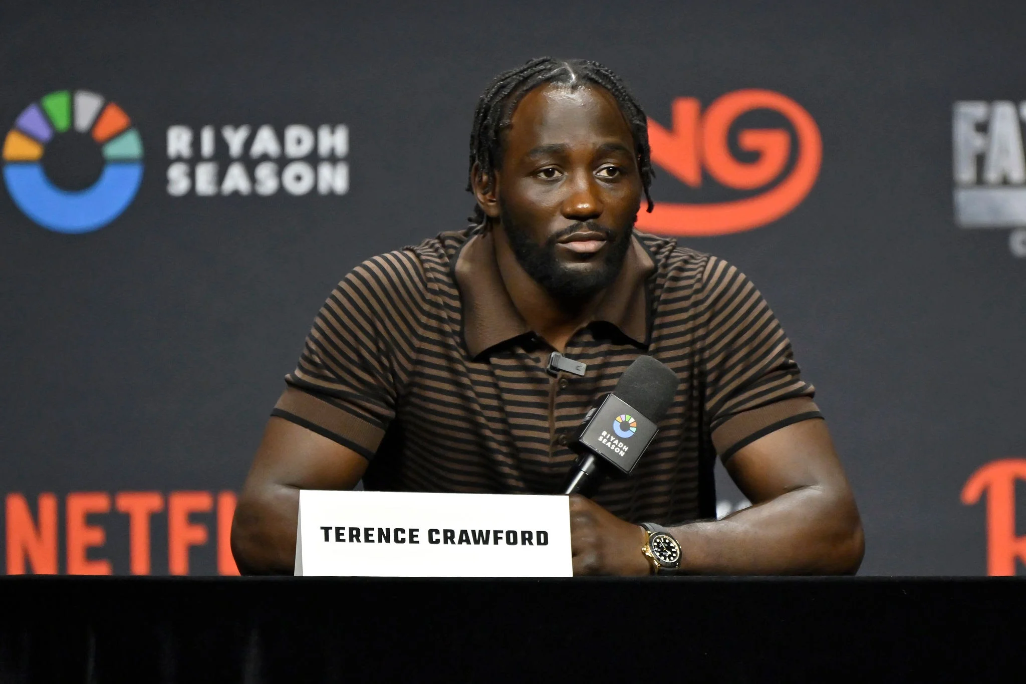 Terence Crawford speaks onstage during the Canelo Álvarez vs. Terence Crawford Las Vegas Press Conference at T-Mobile Arena on June 27, 2025 in Las Vegas, Nevada. Photo credit: David Becker/Getty Image for Netflix