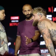 Jake Paul (R) faces off with Gervonta "Tank" Davis during Monday's kickoff press conference at Palladium Times Square in New York City. (Adam Hunger via Getty Images)