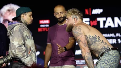 Jake Paul (R) faces off with Gervonta "Tank" Davis during Monday's kickoff press conference at Palladium Times Square in New York City. (Adam Hunger via Getty Images)