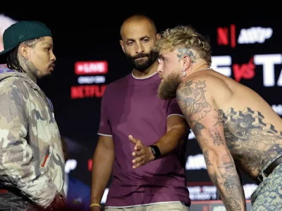 Jake Paul (R) faces off with Gervonta "Tank" Davis during Monday's kickoff press conference at Palladium Times Square in New York City. (Adam Hunger via Getty Images)