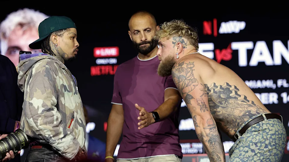 Jake Paul (R) faces off with Gervonta "Tank" Davis during Monday's kickoff press conference at Palladium Times Square in New York City. (Adam Hunger via Getty Images)